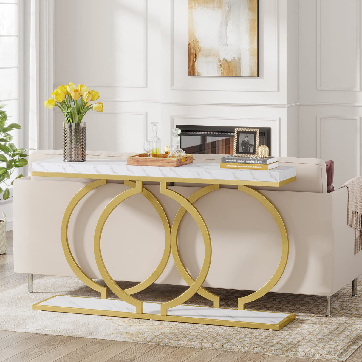 Tribesigns Gold Console Table, 55 inch Faux Marble Entryway Table Narrow Long Sofa Table, Modern Accent Table for Living Room, Entrance Table Geometric Metal Frame, White and Gold Tribesigns