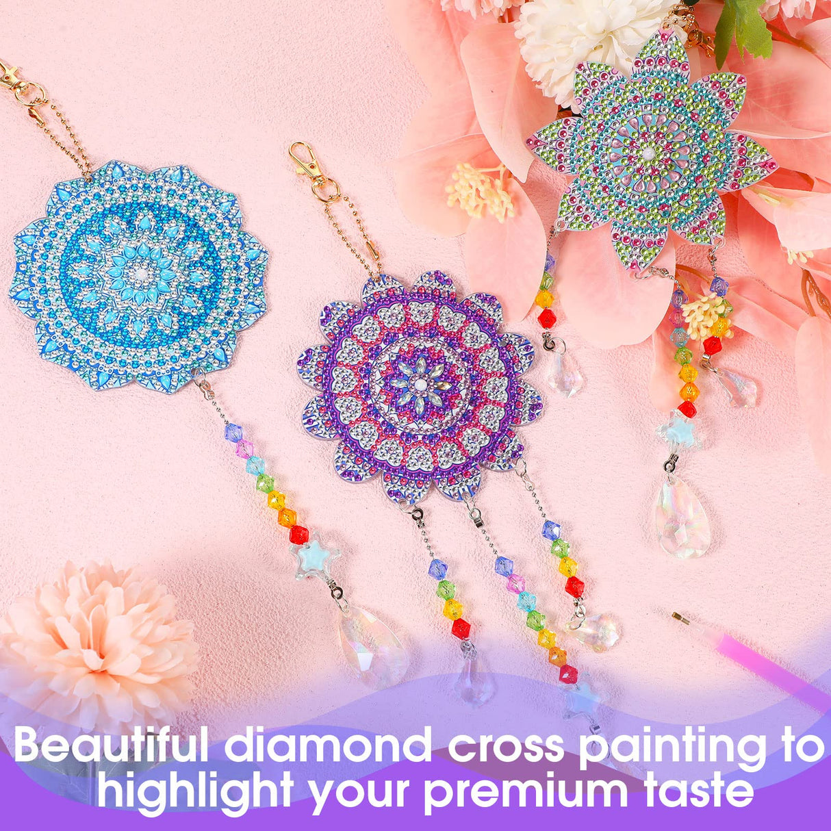 Macarrie 3 Pack Rhinestone Painting Suncatcher Wind Chime Double Sided Crystal Rhinestone Painting Hanging Ornament Flower Shape Suncatcher Kit for Adults DIY Window Home Garden(Fresh Style) Macarrie