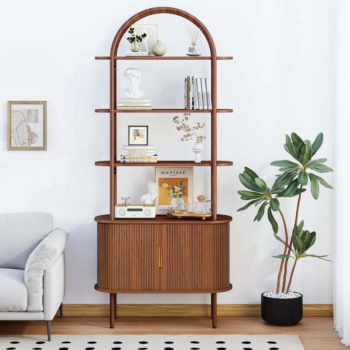 Turtle&Myrtle Tall Arched Bookshelf, Mid Century Modern Fluted Bookcase Cabinet with Sliding Doors, Curved Metal Frame Bookcase, Industrial Storage Display Shelving for Living Room, Bedroom (Walnut) Turtle&Myrtle