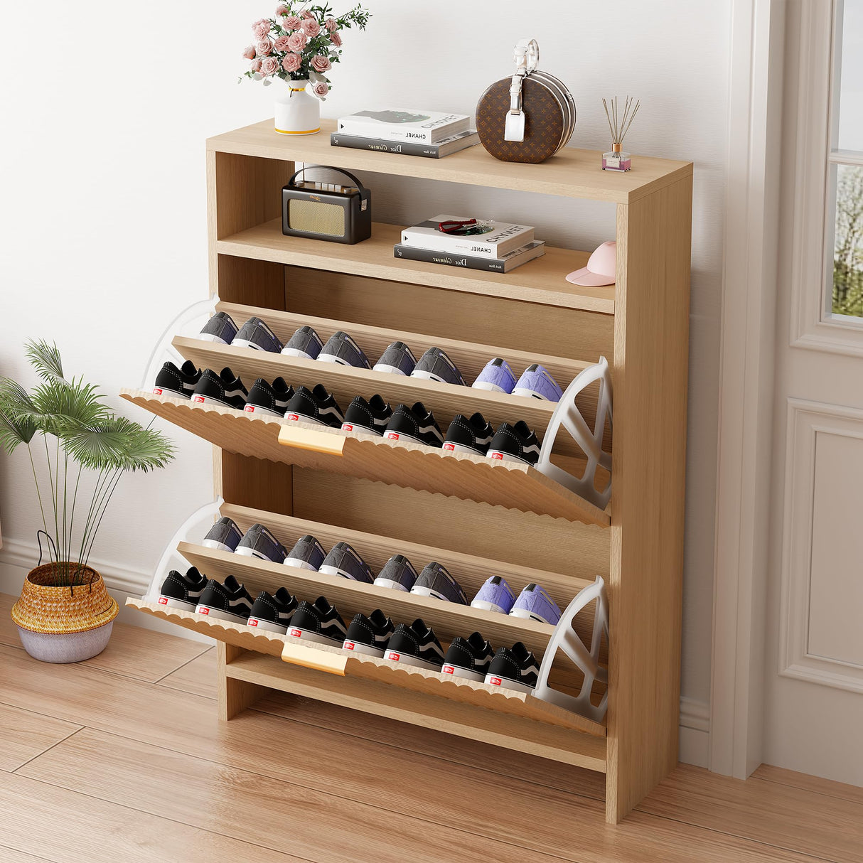 BEWISHOME Shoe Storage Cabinet for Entryway，Narrow Modern Shoe Organizer Cabinet with 2 Flip Drawers，Freestanding Fluted Shoe Organizer for Hallway,Wood,KXG04Y BEWISHOME