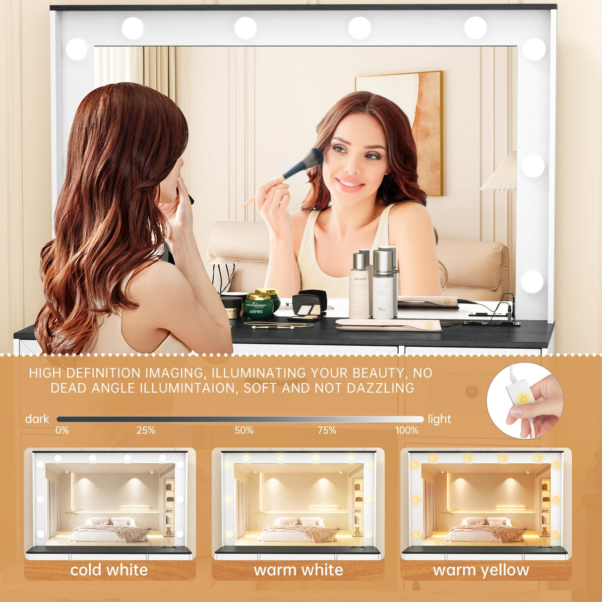 Greenvelly Farmhouse Vanity with Lights Desk and Chair,White Vanity Desk with Mirror and Lights,3 Lighting Modes,Dressing Table with Drawers,Vanity Table Set for Women,Girls Greenvelly