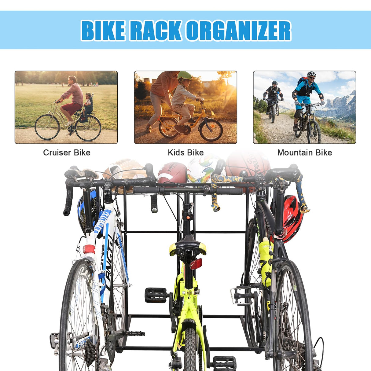 Mythinglogic Garage Bike Storage Rack, Freestanding Organizer for Adult or Kids Bike, 3 Bicycle Holder for Indoor and Outdoor Use Mythinglogic