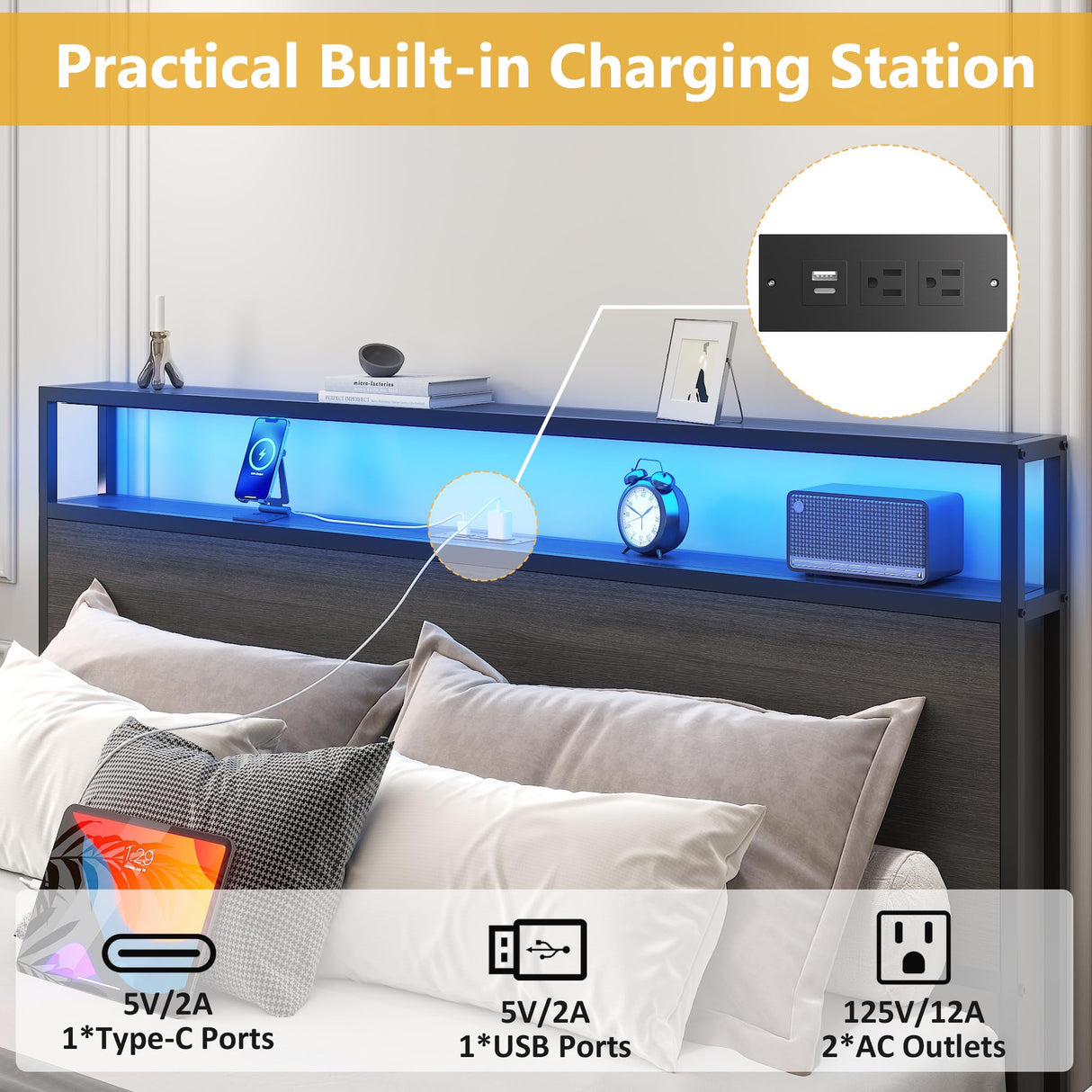 Lifezone Queen Bed Frame with 2-Tier Storage Headboard, Metal Platform Bed Frame with 4 Storage Drawers, Built in Charging Station & LED, Noise-Free/Metal Support/No Box Spring Needed, Rustic Grey Lifezone