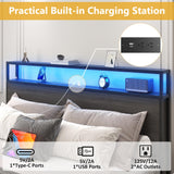 Lifezone Queen Bed Frame with 2-Tier Storage Headboard, Metal Platform Bed Frame with 4 Storage Drawers, Built in Charging Station & LED, Noise-Free/Metal Support/No Box Spring Needed, Rustic Grey Lifezone