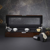 BEWISHOME Wooden Watch Box for Men - Luxury Watch Case, Real Glass Top, Smooth Faux Leather Interior, 6 Slot Watch Organizer,Brown SSH06Y BEWISHOME