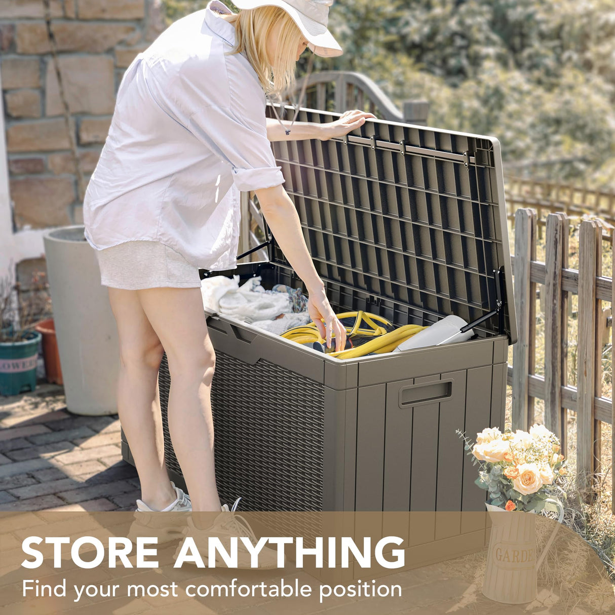 Devoko 100 Gallon Waterproof Resin Deck Box with Lockable Lid and Stylish Rattan Design for Indoor and Outdoor Storage Devoko