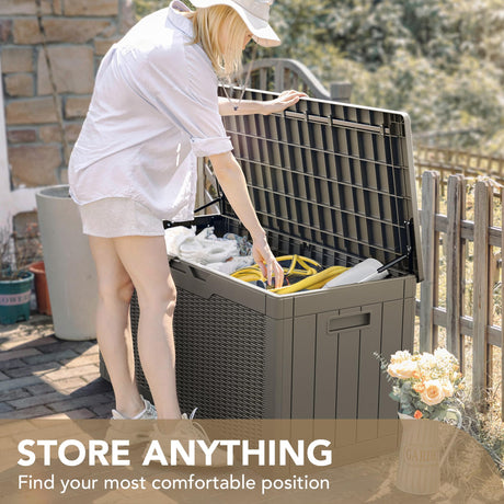 Devoko 100 Gallon Waterproof Resin Deck Box with Lockable Lid and Stylish Rattan Design for Indoor and Outdoor Storage Devoko
