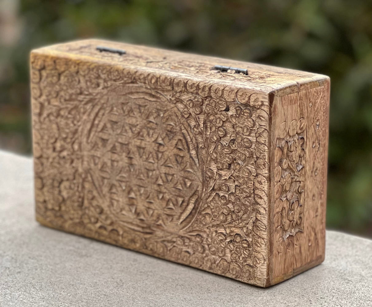 DharmaObjects Hand Carved Jewelry Trinket Keepsake Wooden Storage Box (Large, Flower Of Life) DharmaObjects