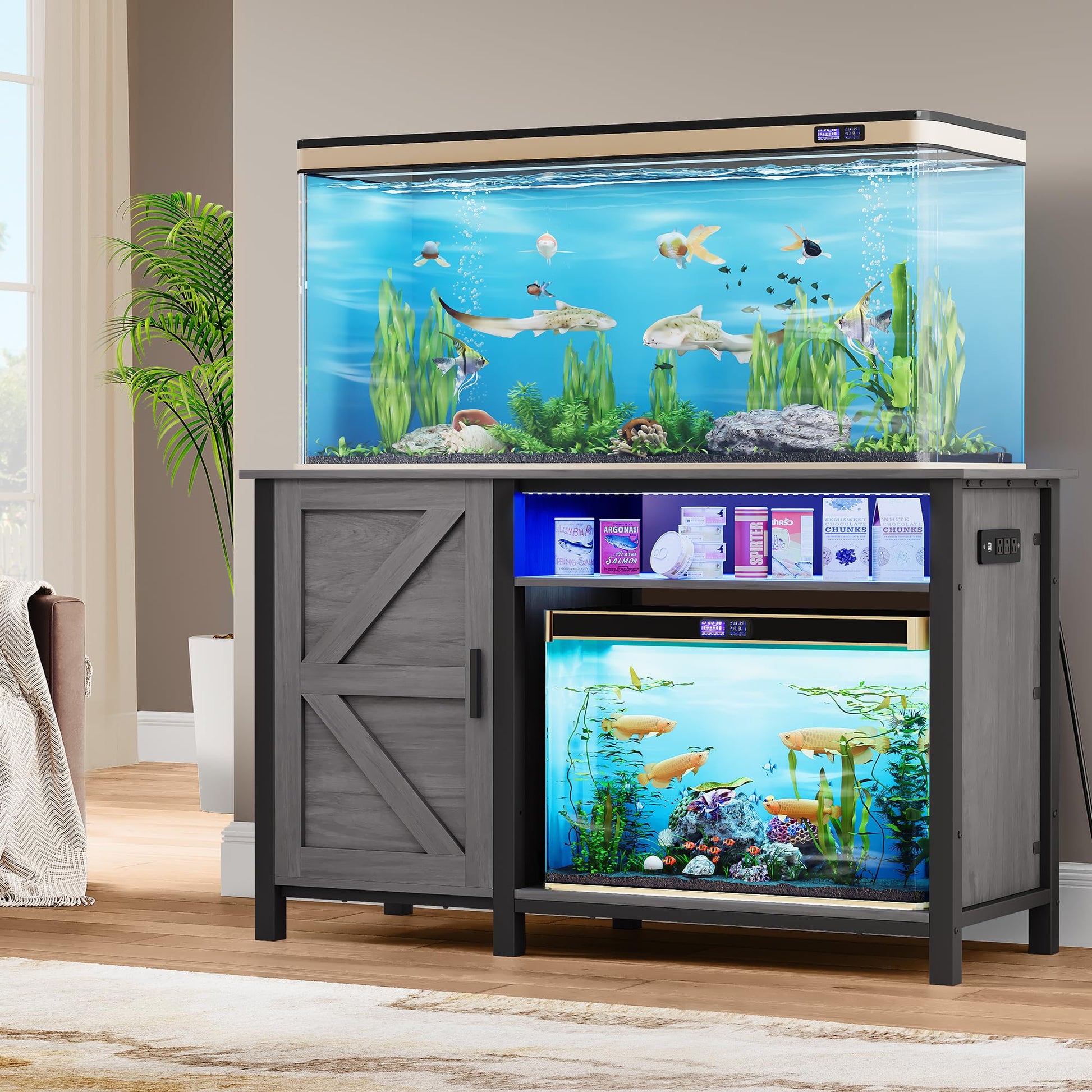 YITAHOME Aquarium Stand with Power Outlets, 55-75 Gallon Fish Tank Stand, Cabinet with RGB Light Strip Suitable for Turtle Tank, Reptile Terrarium, 900LBS Capacity, Grey - WoodArtSupply