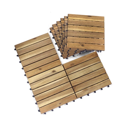 VICTORY RELAX Acacia Wood Flooring Interlocking Deck Tiles for Patio Decor 9 PCS 6 Slats - Waterproof Indoor & Outdoor Decor - Balcony Garden Decking Tile (11,81 * 11,81 * 0,94 Inches) - WoodArtSupply