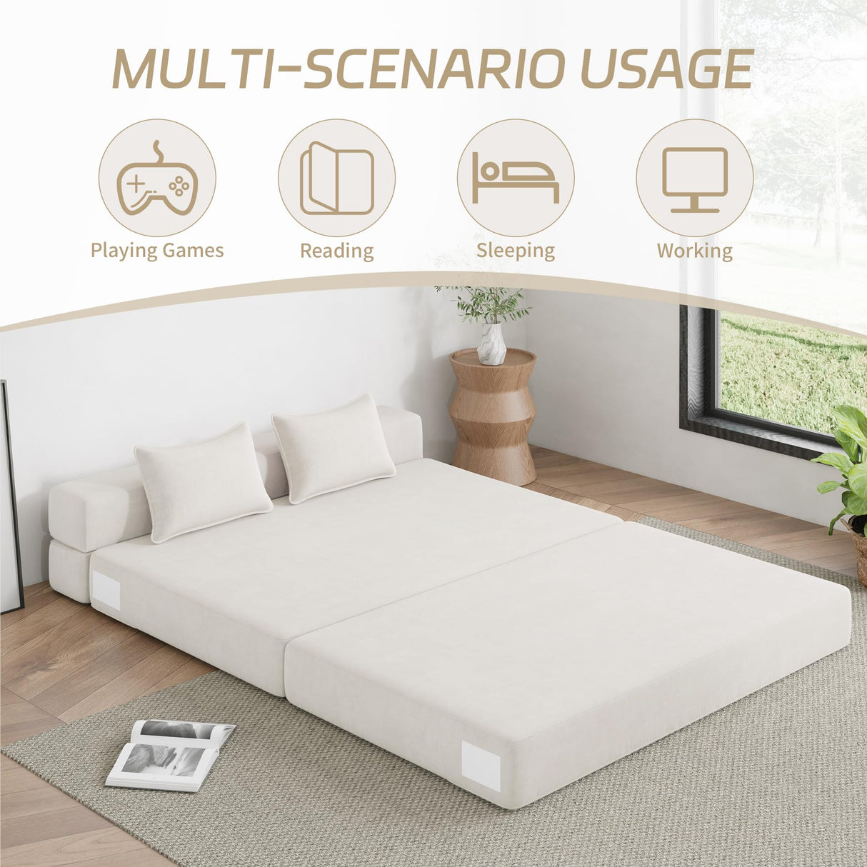 Luoxiao Folding Sofa Bed Convertible Sleeper Chair Full Size with Pillows, Foldable Futon Lazy Floor Sofa Bed, Portable Fold Out Chair Bed for Living Room/Dorm/Guest Room, Washable Cover, Off White Luoxiao
