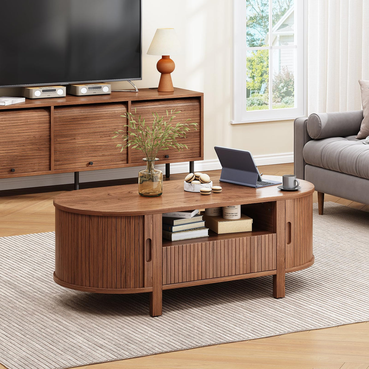 ONBRILL 47.2 Inch Oval Coffee Table with Storage, Mid Century Modern Coffee Table with Drawer, Center Table with Sliding Door and Wood Fluted Handle for Living Room, Walnut ONBRILL