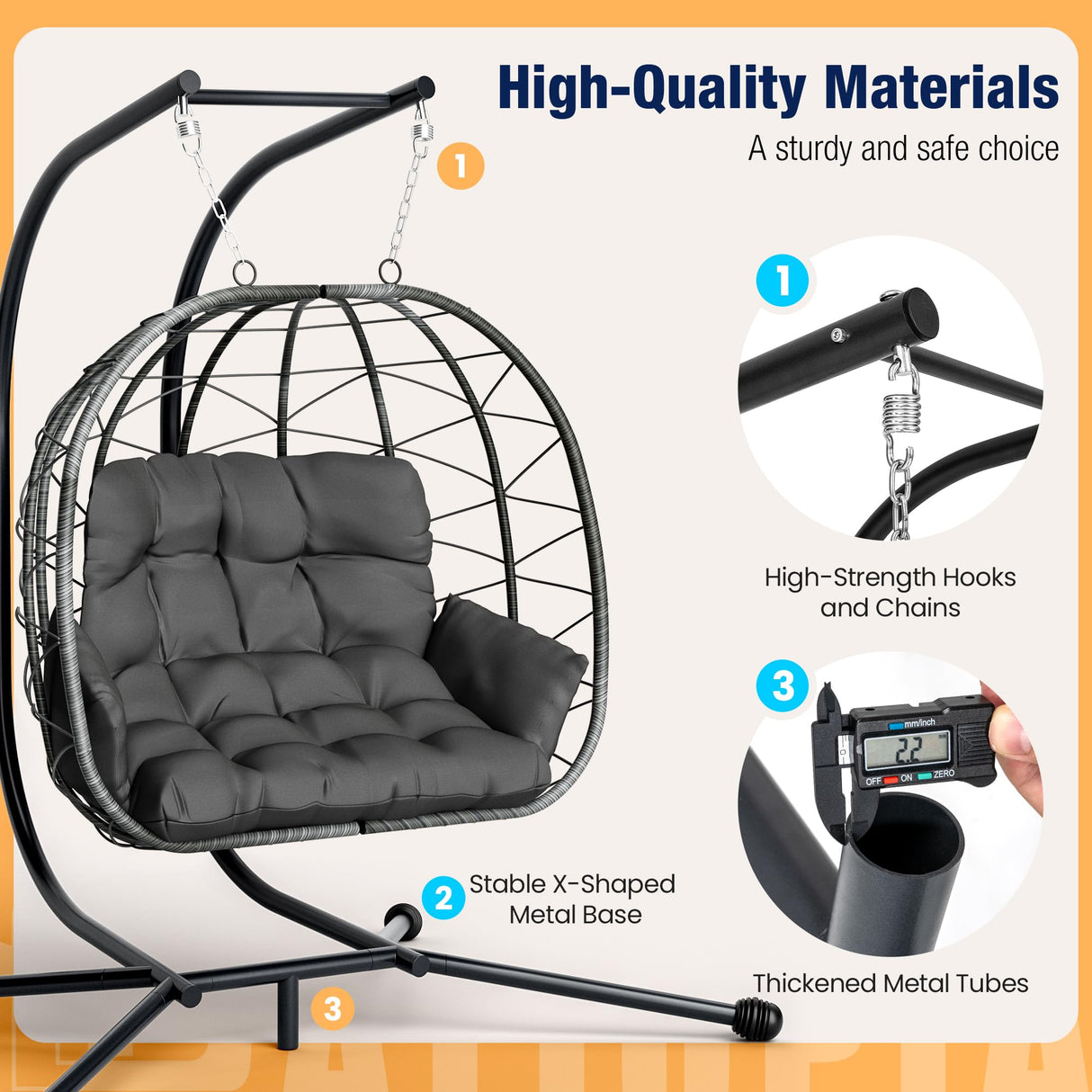 Pamapic 700 LBS Double Egg Chair Outdoor, UV Resistant Cushions Hanging Egg Chair with Armrests & Headrest, Thick Steel Frame Egg Swing Chair with Stand, for Relaxing & Reading Outside/Inside(Grey) Pamapic