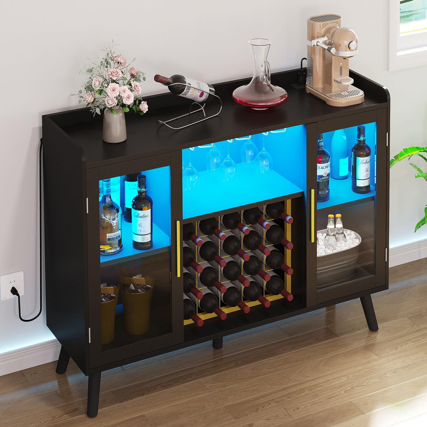 DWVO Wine Bar Cabinet with Led Lights & Power Outlets, 53" Coffee Bar Cabinet for Liquor and Glasses, Modern Buffet Sideboard with Storage Cabinet for Kitchen, Dining & Living Room, Black - WoodArtSupply