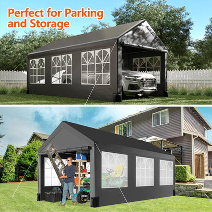 12 * 20 Heavy Duty Carport Canopy, PioneerWorks Portable Car Tent Garage with 6 Roll-up Windows and All-Season Tarp Cover, Metal Roof & 4 Sandbags for Car, SUV, Truck & Boat, Black