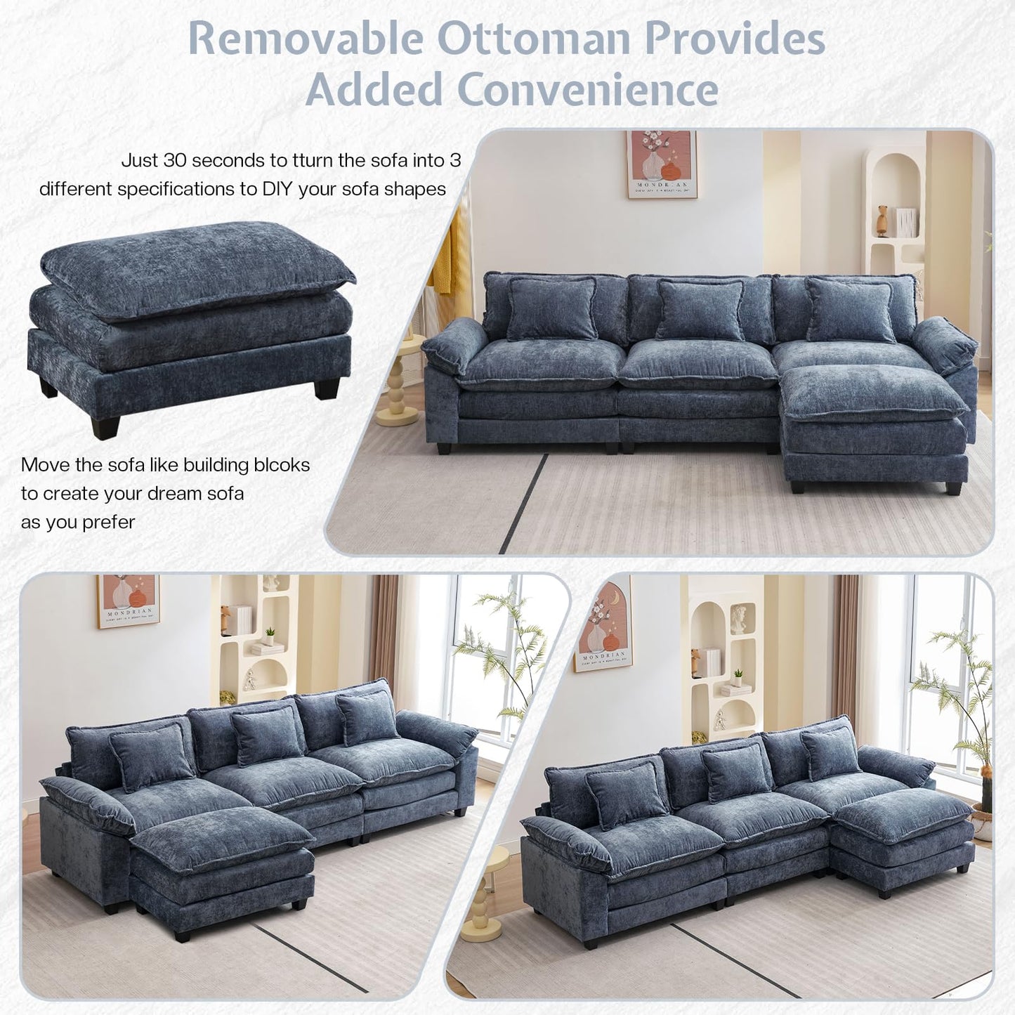 OQQOEE Sectional Sofa Modular Cloud Couch Upholstered Deep Seat Cloud Sofas with Ottoman Comfy Chenille Sofa Sleeper for Living Room,Apartment (Blue, L Shaped-3 Seat & Ottoman)