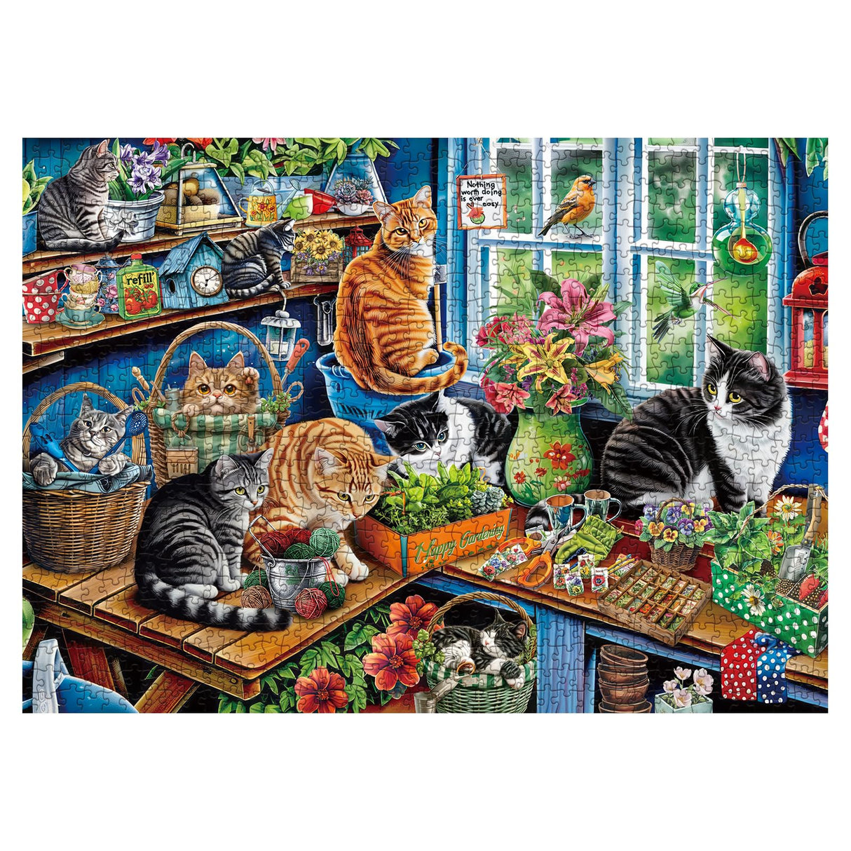 Cat Gardening Cabin Puzzle for Adults 1000 Pieces, Flower Plant Jigsaw Puzzle, Cute Kitten Garden Puzzle BBOLDIN