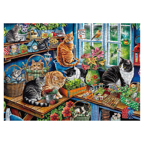 Cat Gardening Cabin Puzzle for Adults 1000 Pieces, Flower Plant Jigsaw Puzzle, Cute Kitten Garden Puzzle BBOLDIN
