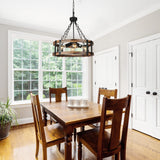 Voguad Farmhouse Rustic Wood Chandelier, 4-Light Industrial Drum Chandelier for Dining Room Vintage Pendant Hanging Light Fixture with Black Metal Accent for Kitchen Living Room Dining Area Voguad