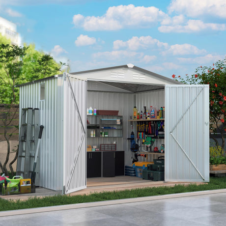 Vigo huseeo 8x5.7x6FT Storage Shed, Outdoor Galvanized Steel Garden Shed with Lockable Door & Window, Waterproof Metal Tool Storage for Garden, Backyard, Patio, Lawn Vigo huseeo