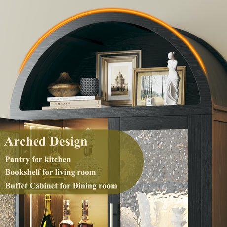 HUAHUU Arched Display Cabinet with Glass Doors, 6-Tier Curio Cabinet with 3 Color Lights for Collectibles, 71" Tall Glass Display Case with Adjustable Shelves, Storage Cabinet for Living Room, Black HUAHUU