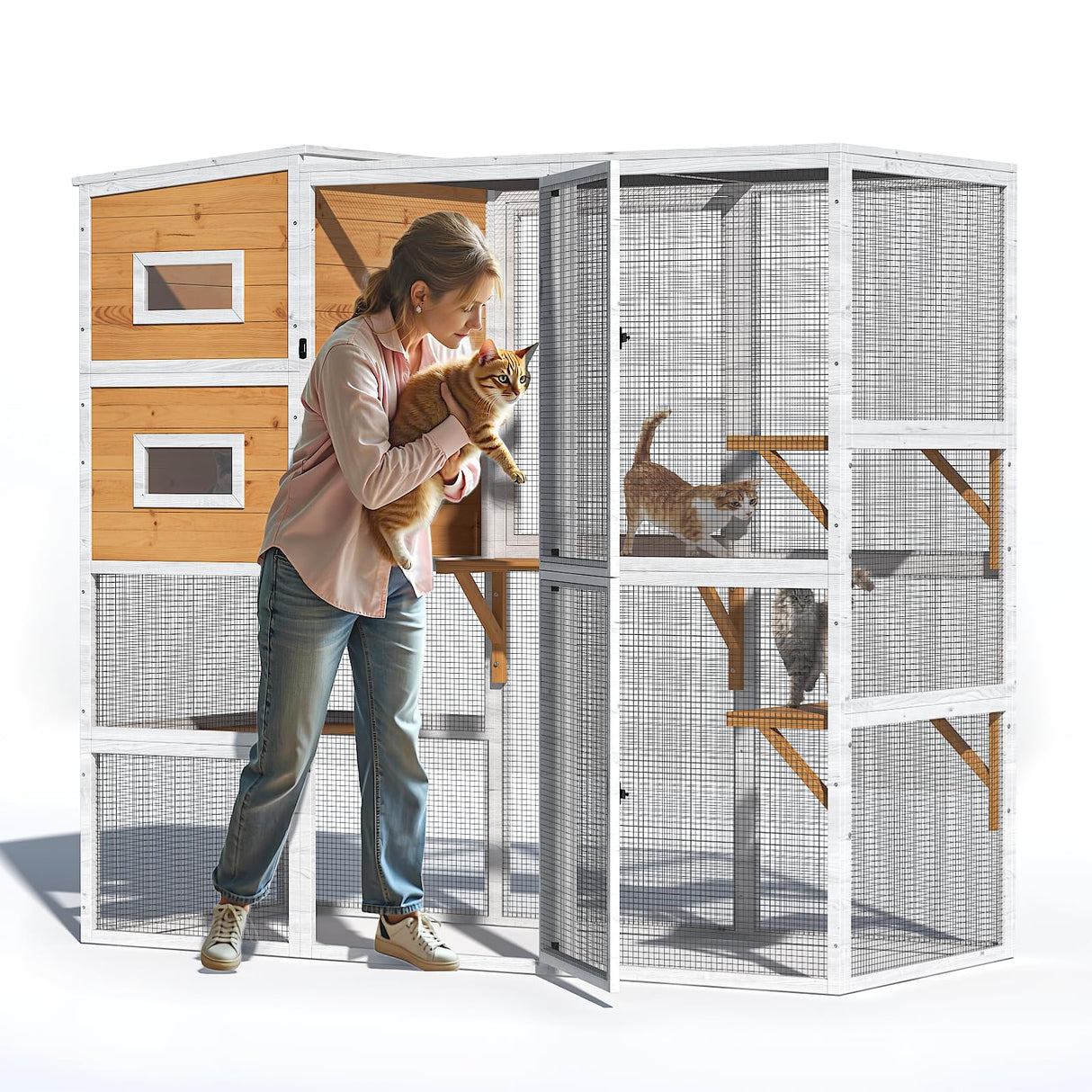 TIMHAKA Catio Outdoor Cat Enclosure, Large 4 Tiers Cat Catio Connect to Window for Outdoor Indoor Cats with Weatherproof Roof, Resting Rooms, Platforms, Large Door, 76" L x 32.9" W x 70.8" H, White TIMHAKA