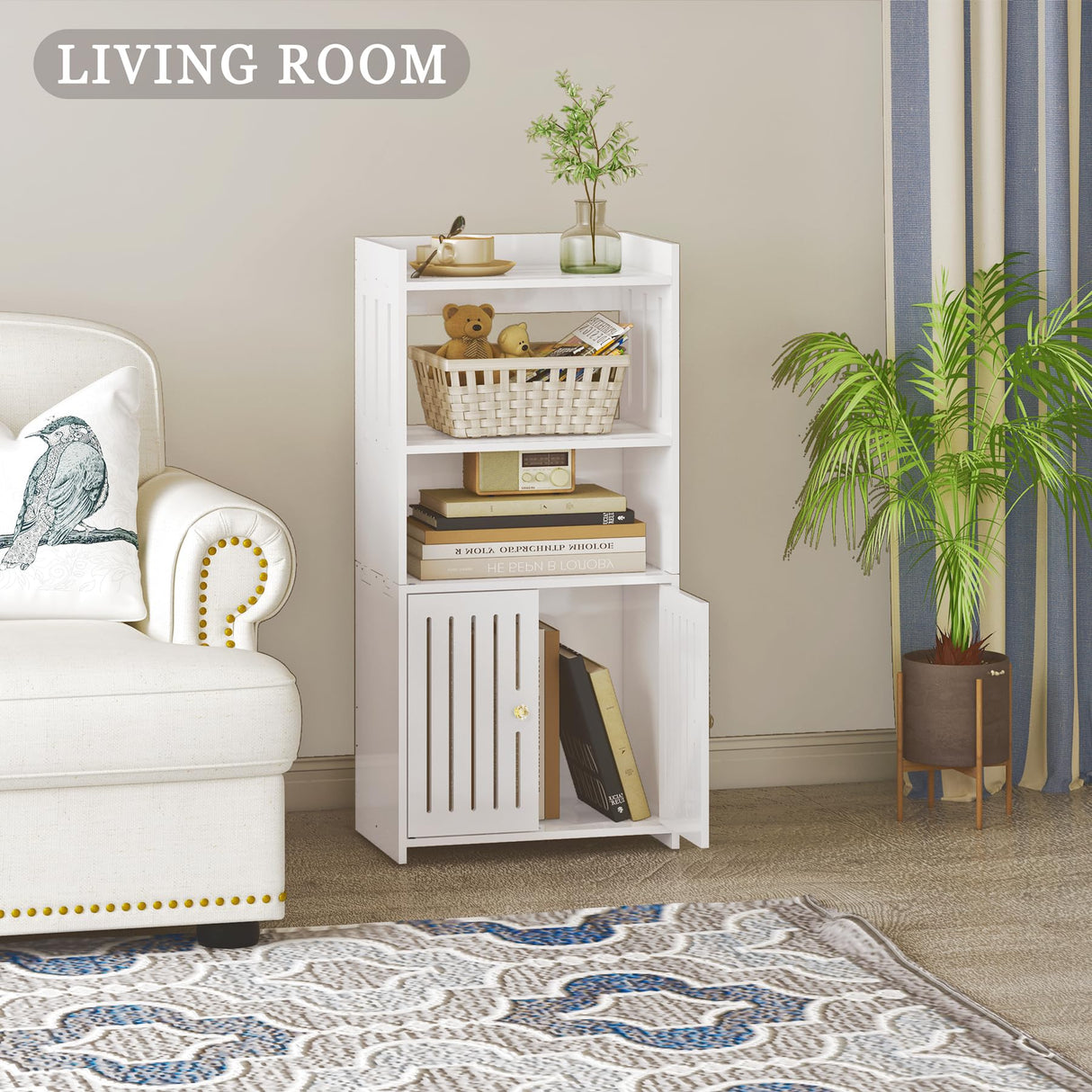 HAYOFAMY Bathroom Storage Cabinet, 4-Tier White Floor Cabinet Freestanding Organizer with Door for Living Room Kitchen Small Space HAYOFAMY