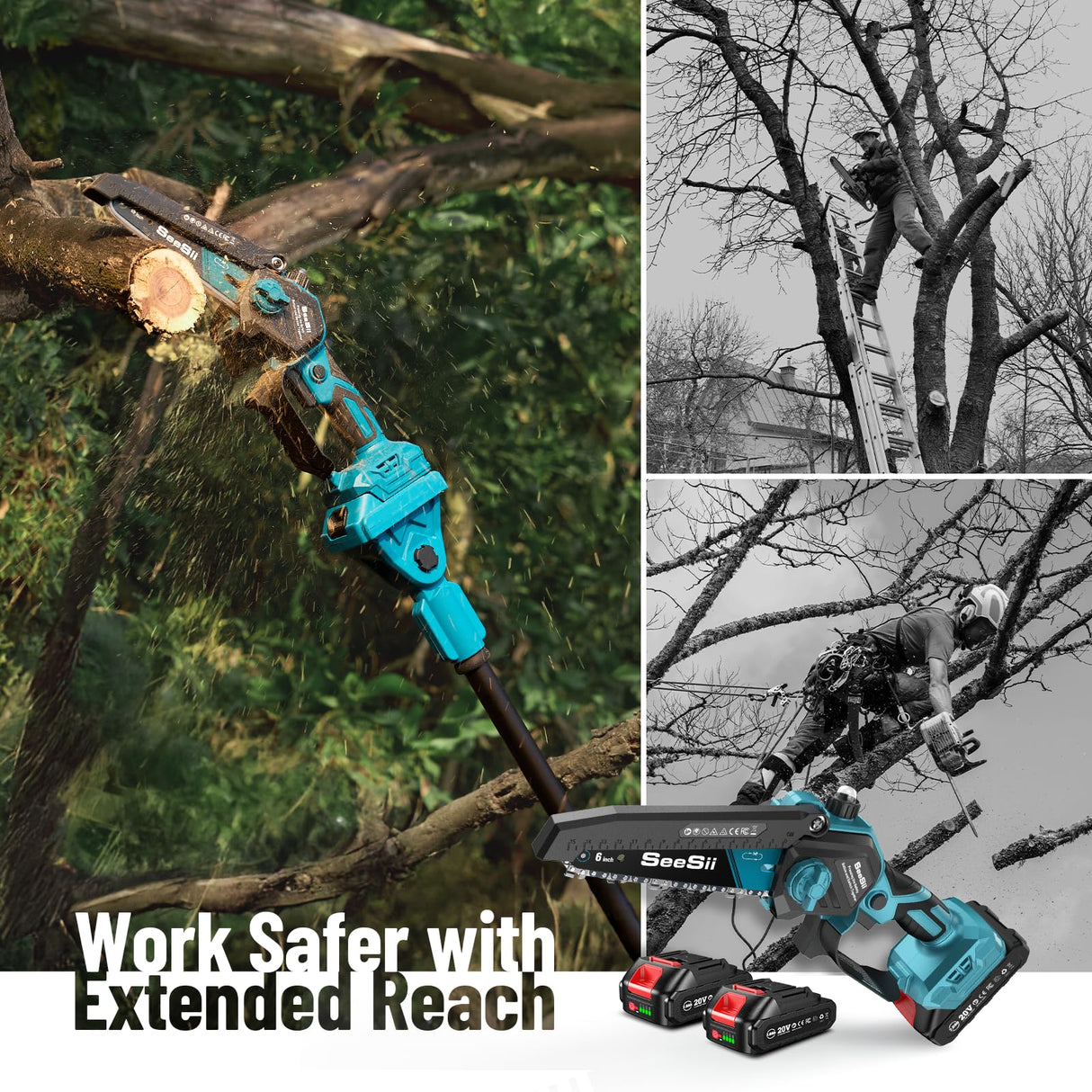 Seesii PS620 2-in-1 Electric Pole Saws: 6 Inch Mini Chainsaw Cordless with Extension Pole, 2Pcs Batteries, Brushless Chain Saw for Limb Branch Cutter, Battery Tree Trimmers Pruner,16Ft Long Reach Seesii