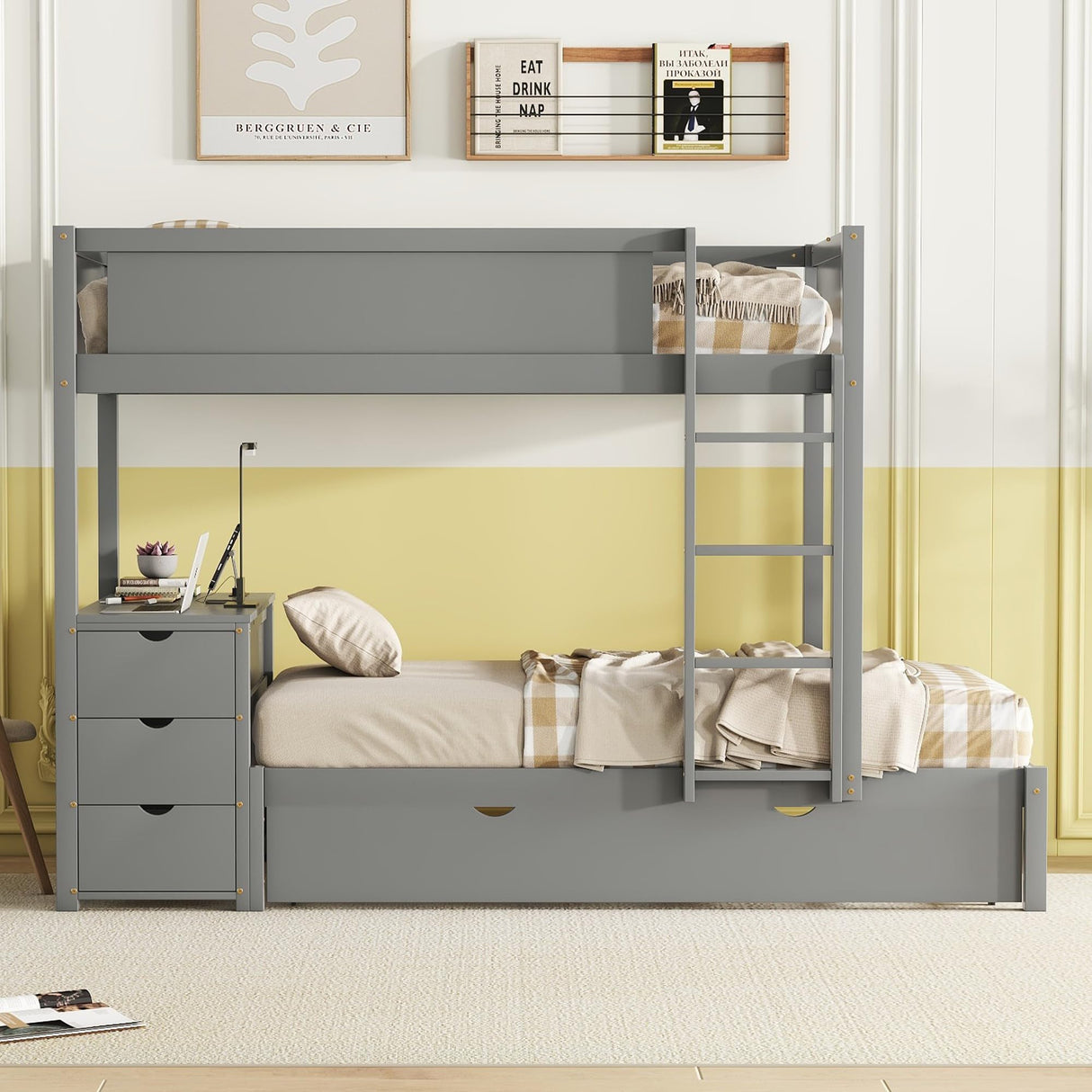 Merax Twin Over Twin Bunk Bed with Twin Size Trundle, Under-Bed Desk and Storage Drawers, No Box Spring Needed Merax