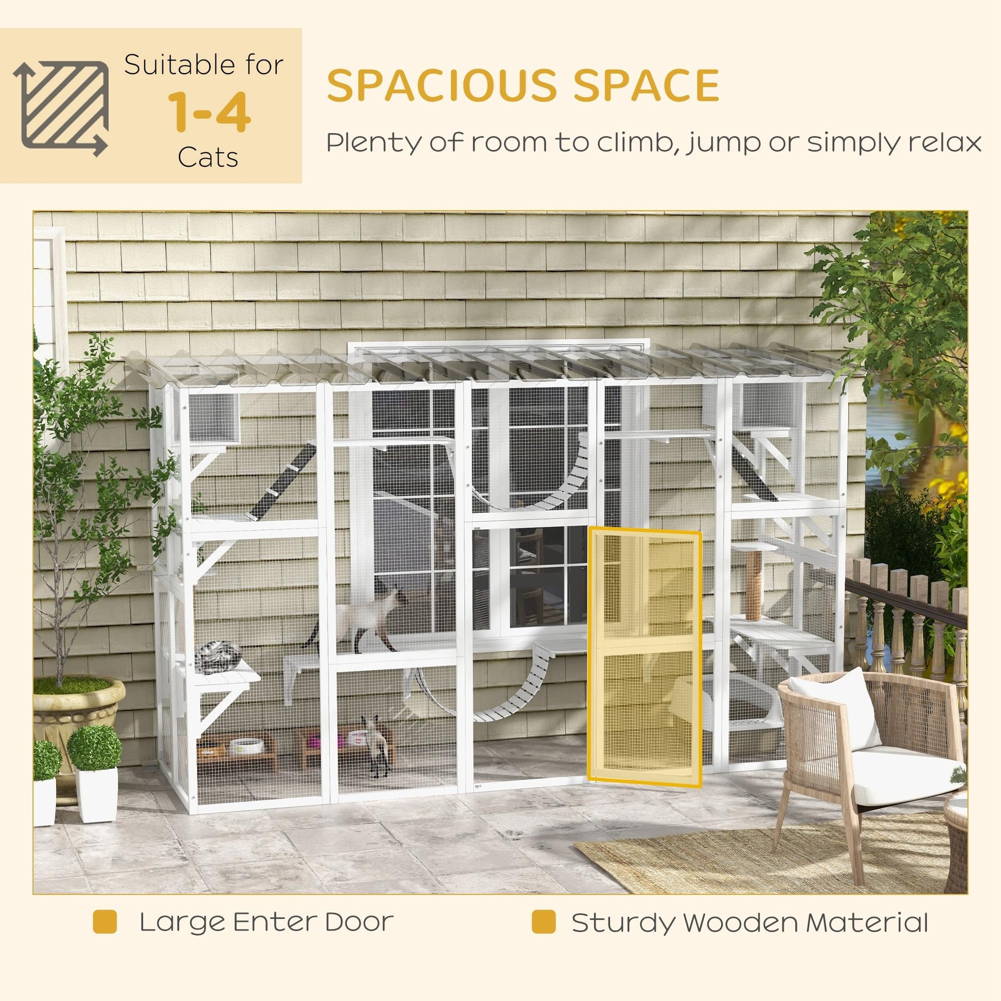 PawHut Catio Playground Cat Window Box Outside Enclosure, Outdoor Cat House with Weather Protection Roof for Multiple Kitties, Wooden Frame, Shelves & Bridges, 118" x 37.5" x 74", White - WoodArtSupply