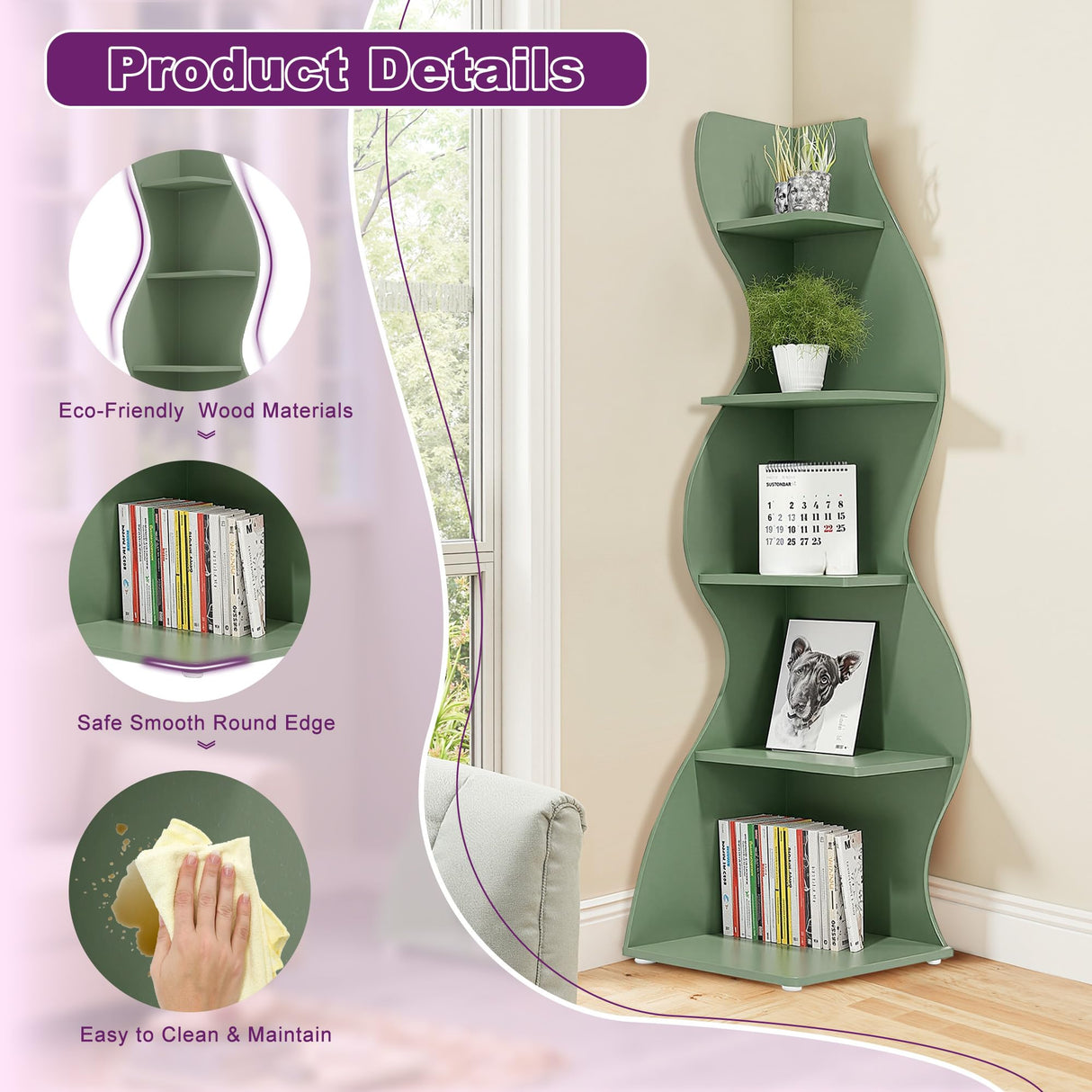 HIGREENA Corner Shelf, 5-Tier Corner Wall Shelf, Modern Corner Shelves Stand Bookcase, Small Display Storage for Living Room, Green HIGREENA