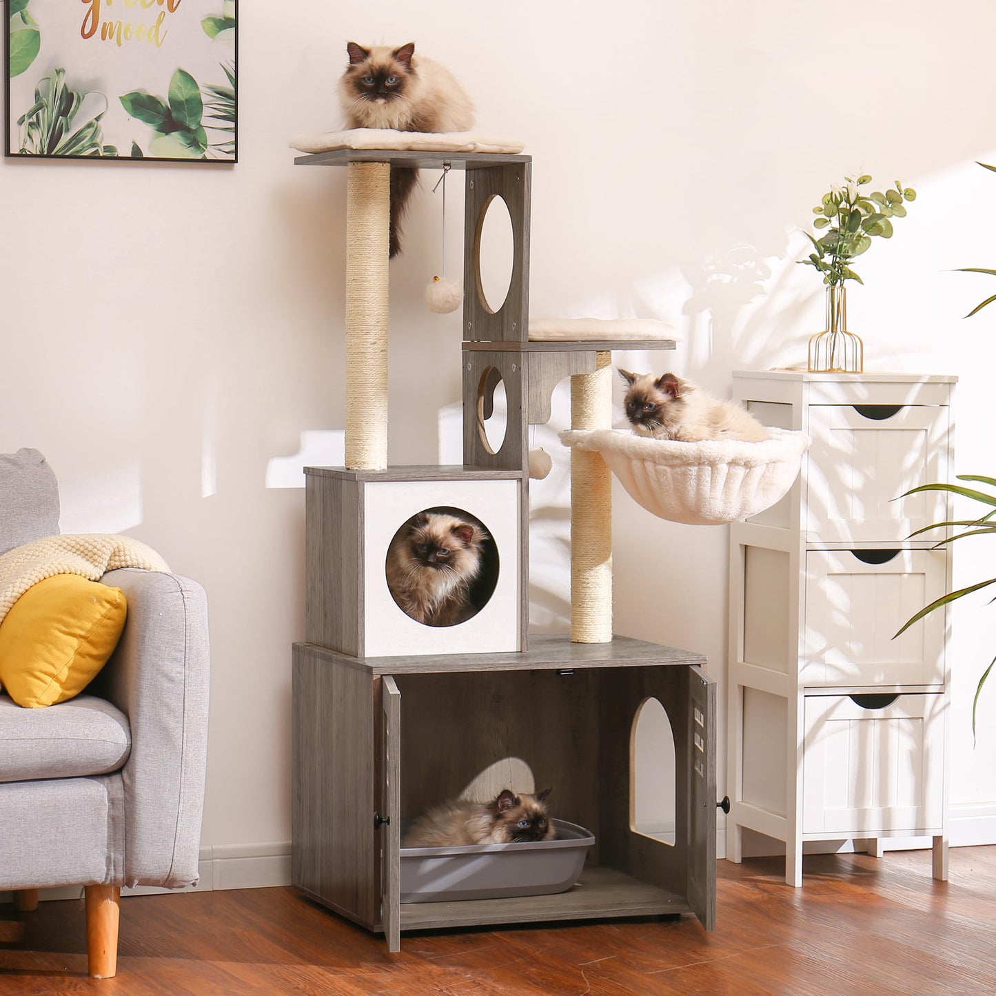 Heybly Cat tree, Wood Litter Box Enclosure with Food Station, All-in-one Indoor Cat Furniture with Large Platform and Condo, Modern Style Cat Tower, Hammock, Rustic Brown HCT103SG - WoodArtSupply