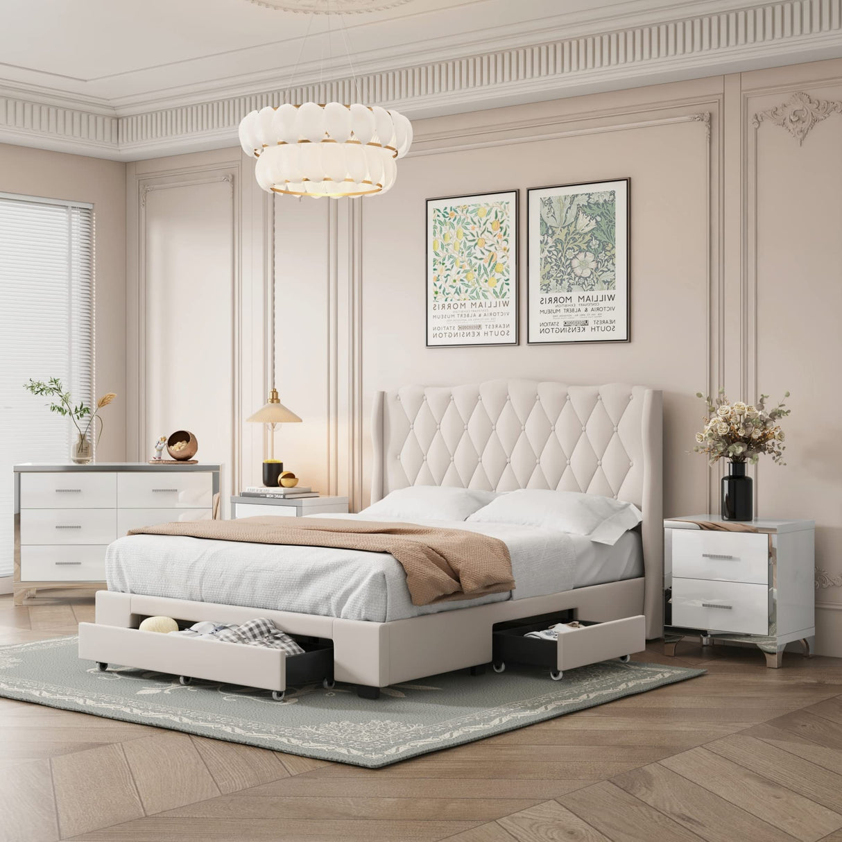 Flieks Queen Size Upholstered Bedroom Set with Storage Drawers and Mirrored Nightstands in Beige Flieks