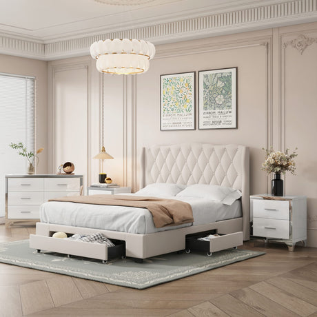 Flieks Queen Size Upholstered Bedroom Set with Storage Drawers and Mirrored Nightstands in Beige Flieks