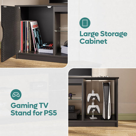 Bestier LED TV Stand for 55/60/65 Inch TV, Gaming Entertainment Center with Cabinet for PS5, Xbox,Modern TV Cabinet with Adjustable Glass Shelves for Living Room, Bedroom 58 Inch,Black Bestier