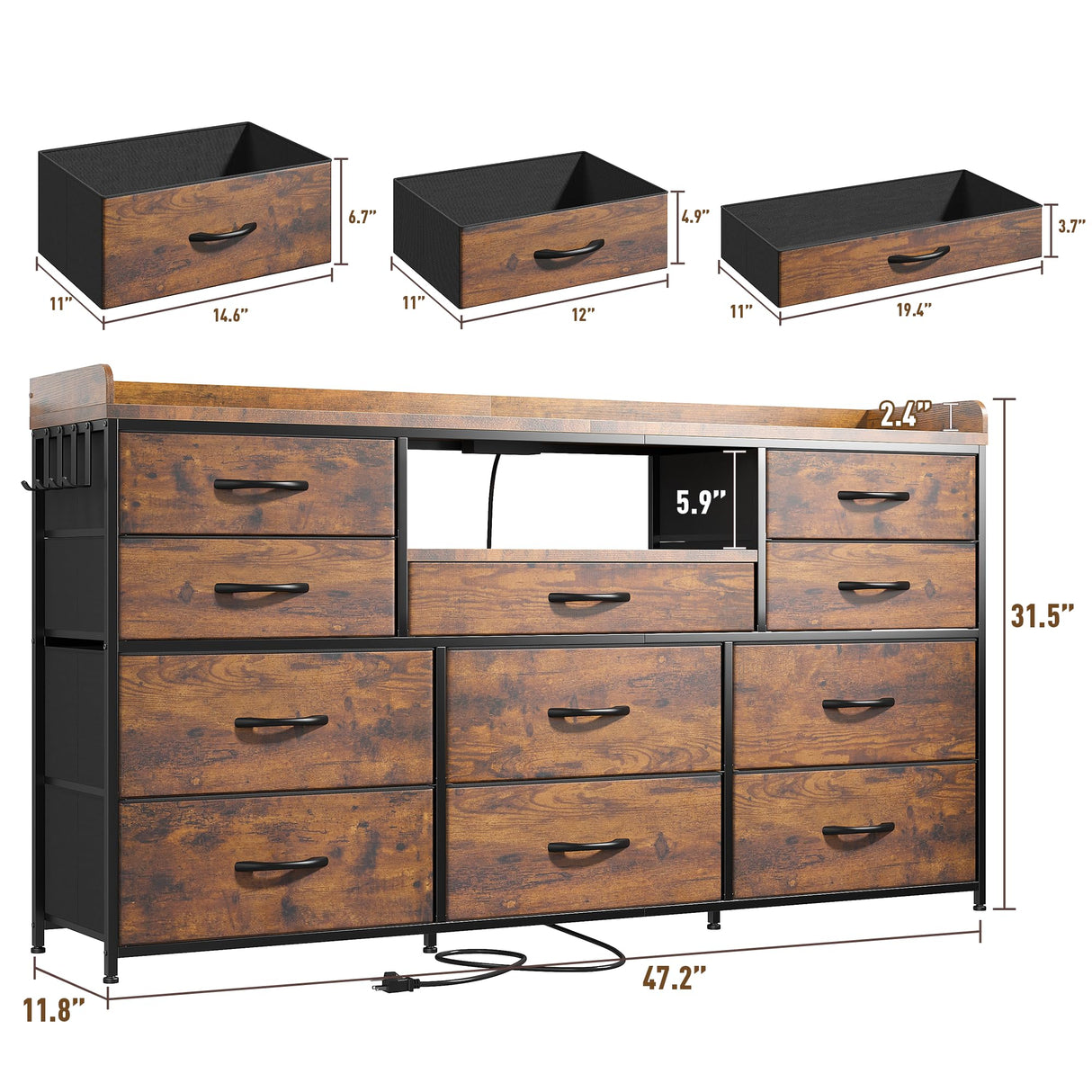 EnHomee Dresser for Bedroom with 11 Drawers for 60" TV Stand for Bedroom with LED Lights & Charging Station Long Dresser with Shelves & 4 Hooks Sturdy Metal Frame & Fabric Drawers (Rustic Brown) EnHomee