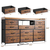 EnHomee Dresser for Bedroom with 11 Drawers for 60" TV Stand for Bedroom with LED Lights & Charging Station Long Dresser with Shelves & 4 Hooks Sturdy Metal Frame & Fabric Drawers (Rustic Brown) EnHomee