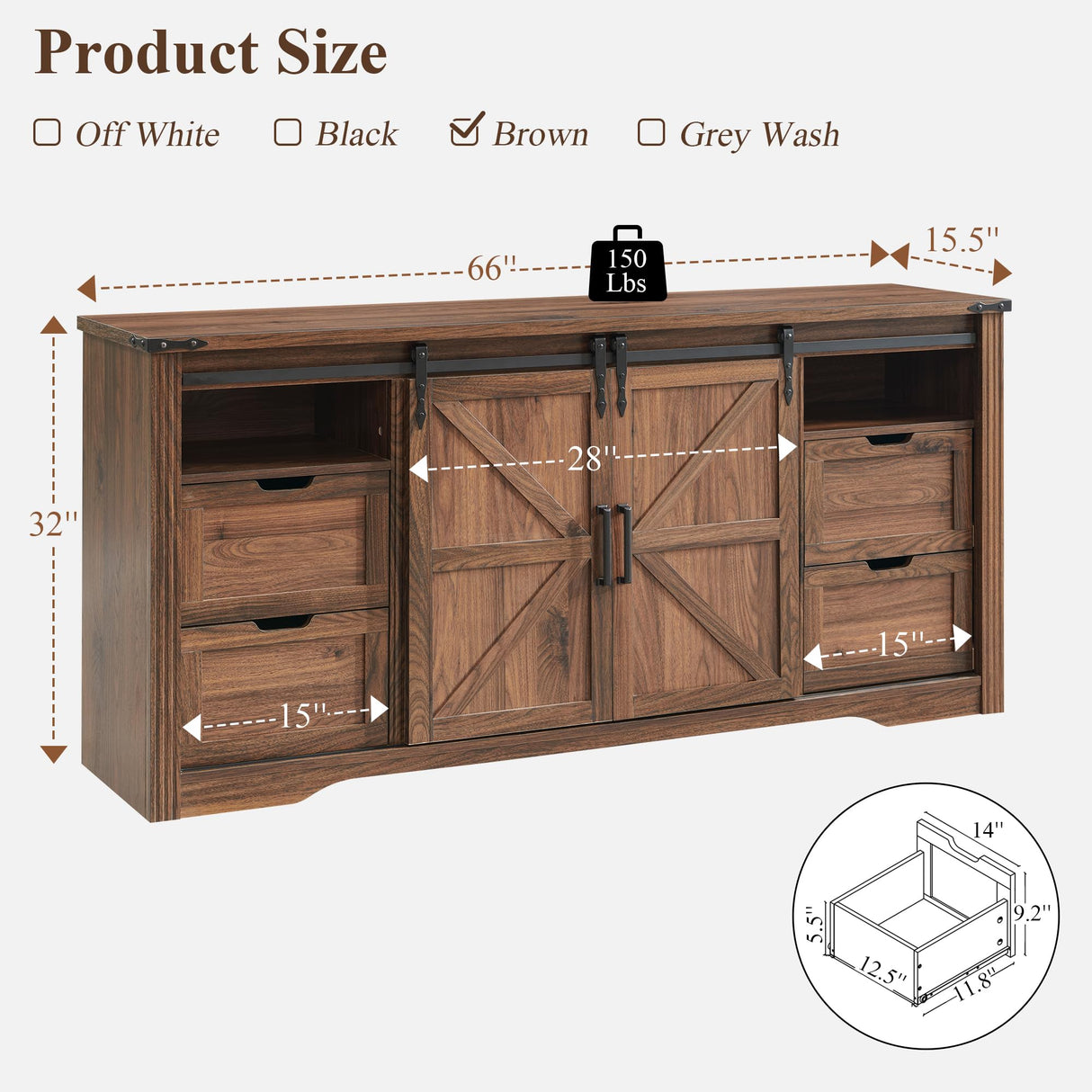 JXQTLINGMU Farmhouse TV Stand for 75+ Inch TV, 32" Tall Entertainment Center w/4 Drawers & Sliding Barn Door, Rustic Media Console w/Storage Shelves, 66" Wood Television Stand for Living Room, Brown JXQTLINGMU