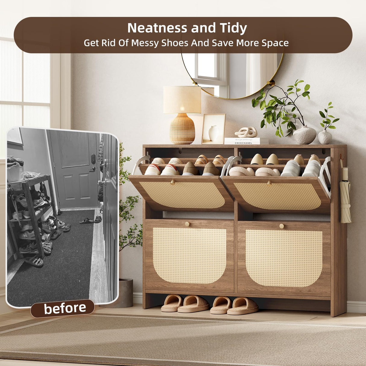 Nicetree Shoe Cabinet Storage for Entryway, Narrow Shoe Organizers with 4 Flip Drawers, Freestanding Large Shoe Rack with 3-Tier Adjustable Shelves for Hallway Nicetree