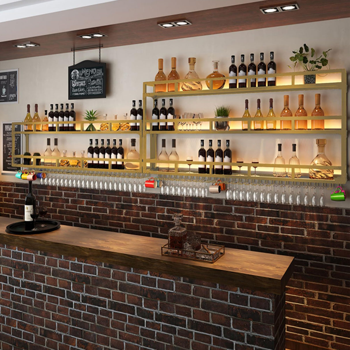 Wall Wine Rack Floating Bar Shelves Wall Mounted with LED Light Liquor Bottle Display Shelf with Hanging Wine Glass Rack Kitchen Wall Shelf Liquor Cabinet Bar Stand for Home Bar Cafe Restaurant(Gold,3 WXZXWXZX