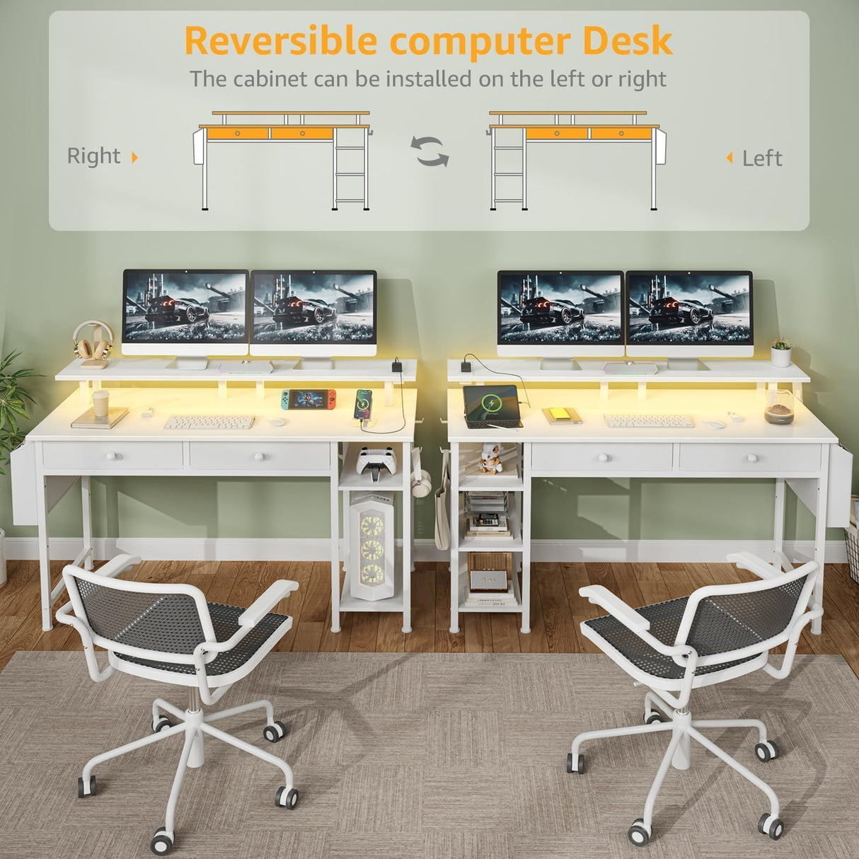White Computer Desk with Shelves and Drawers - 47 Inch Home Office Desk with Drawers and Shelves, Small White Desk with Shelves, Computer Desk with Monitor Stand, RGB Gaming Desk with Power Outlet DLisiting