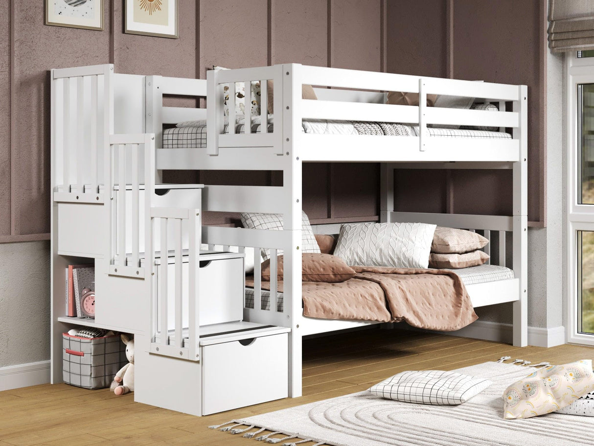 Bedz King Stairway Bunk Beds Twin over Twin with 3 Drawers in the Steps and a Twin Trundle, White Bedz King
