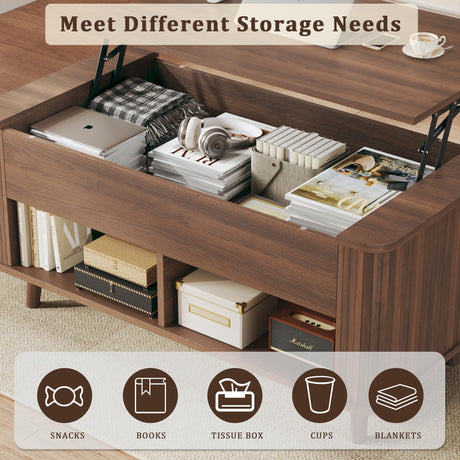 Lift Top Coffee Table with Storage, 41" Mid Century Modern Coffee Table with Fluted & Curved Profile Design, Hidden Storage Compartment, Lower Shelf Center Table for Living Room Office, Walnut HUAHUU