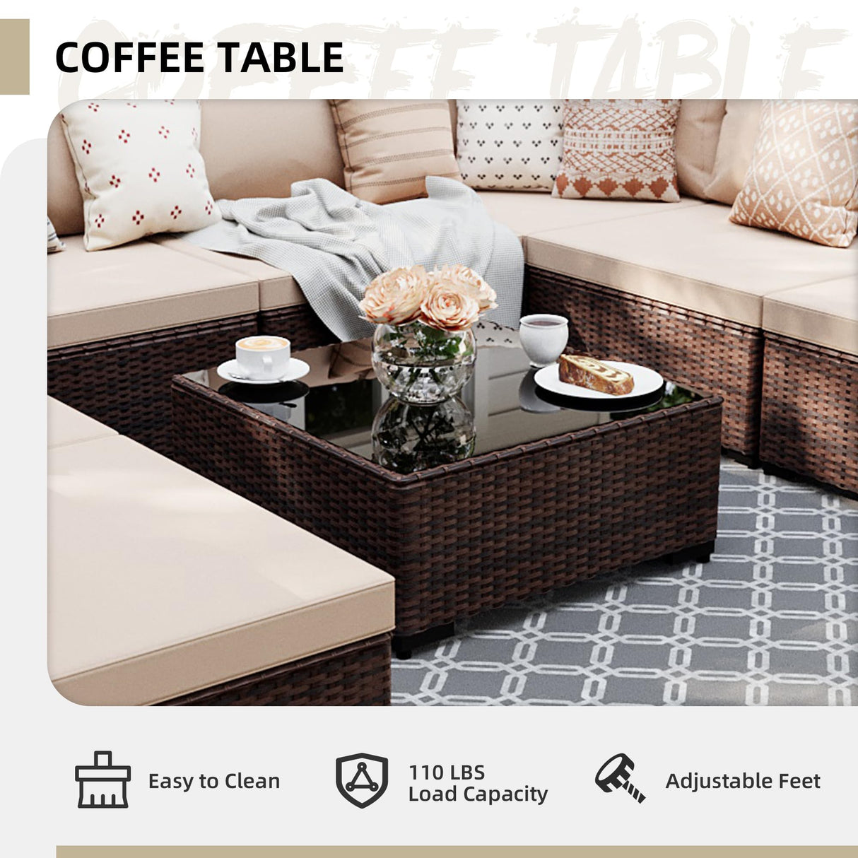UPHA 9 Pieces Patio Furniture Sets Outdoor Sectional Sofa Wicker Conversation Couch for Decks, Backyards, Gardens, Brown Rattan, Beige Cushion UPHA