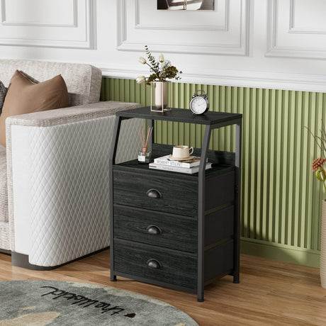 Furnulem Black Night Stand, Small Dresser for Bedroom, Nightstand with 3 Fabric Storage Drawers and 2-Tier Shelf, End Table Side Furniture for Closet, Hallway, Nursery, Sturdy Steel Frame, Wood Top Furnulem