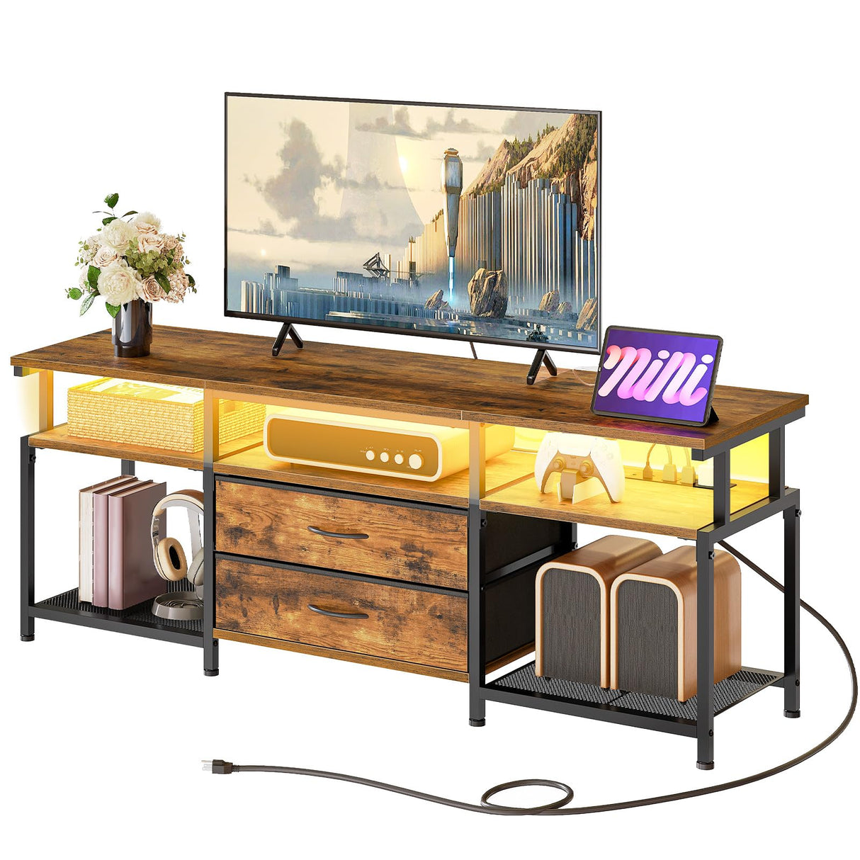 HOOBRO TV Stand with Power Outlet and LED Light, Entertainment Center for TVs Up to 65 Inch, Modern Media Console Table with 2 Non-Woven Drawers, for Living Room, Bedroom, Rustic Brown BF54UDDS01 HOOBRO