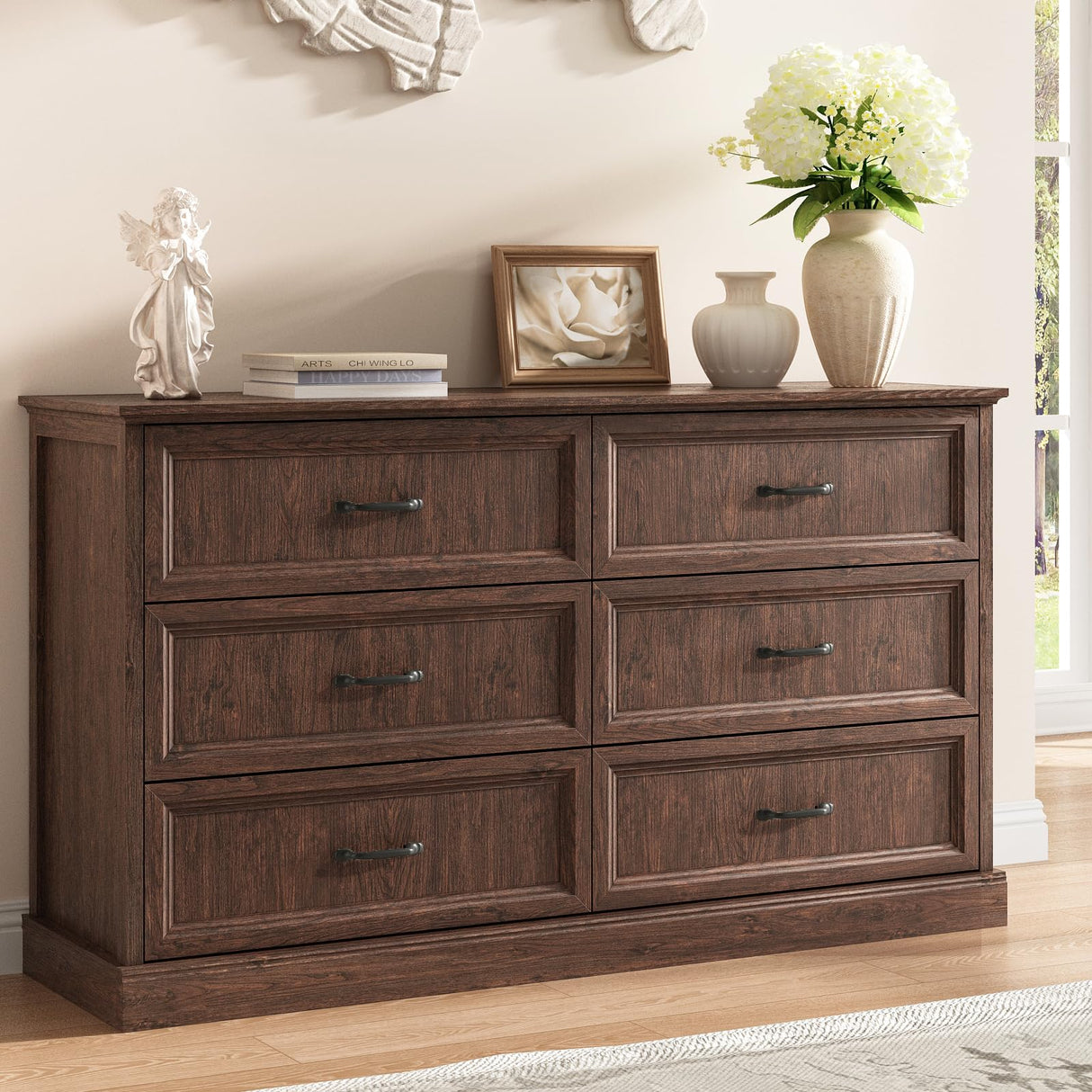 Farmhouse 6 Drawer Dresser for Bedroom, 55 Inch Wide Modern Brown Dresser TV Stand with Large Drawers & Bar Handles, Rustic Wood Chest of Drawers for Bedroom, Living Room, Hallway, Entryway. CARPETNAL