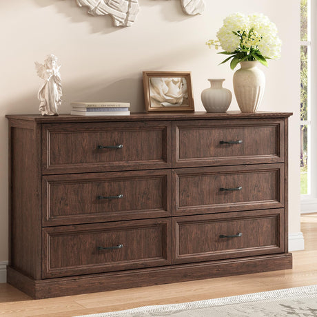 Farmhouse 6 Drawer Dresser for Bedroom, 55 Inch Wide Modern Brown Dresser TV Stand with Large Drawers & Bar Handles, Rustic Wood Chest of Drawers for Bedroom, Living Room, Hallway, Entryway. CARPETNAL