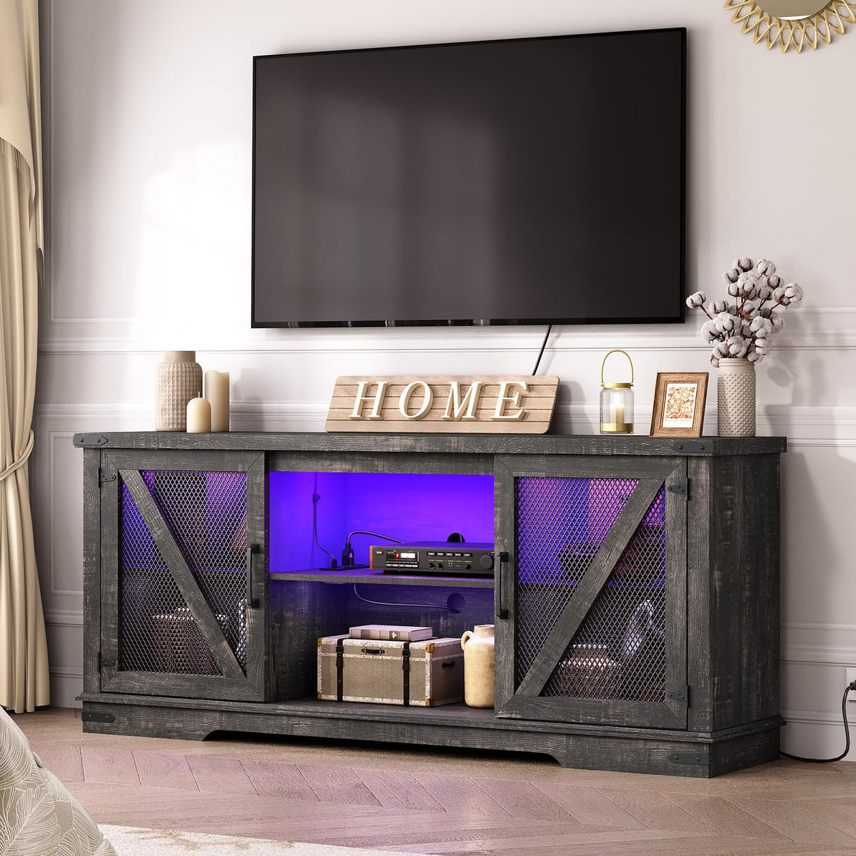 HOOBRO Farmhouse TV Stand, TV Stand for 75 Inch TV, Media Entertainment Center with LED Lights and Power Outlets, TV Console Table for Living Room, TV Stand with Storage, Dark Rustic Oak FP71UDDS01 HOOBRO
