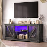 HOOBRO Farmhouse TV Stand, TV Stand for 75 Inch TV, Media Entertainment Center with LED Lights and Power Outlets, TV Console Table for Living Room, TV Stand with Storage, Dark Rustic Oak FP71UDDS01 HOOBRO